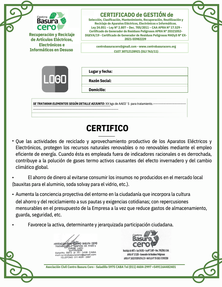 Certificado de gestión ambiental de residuos electrónicos